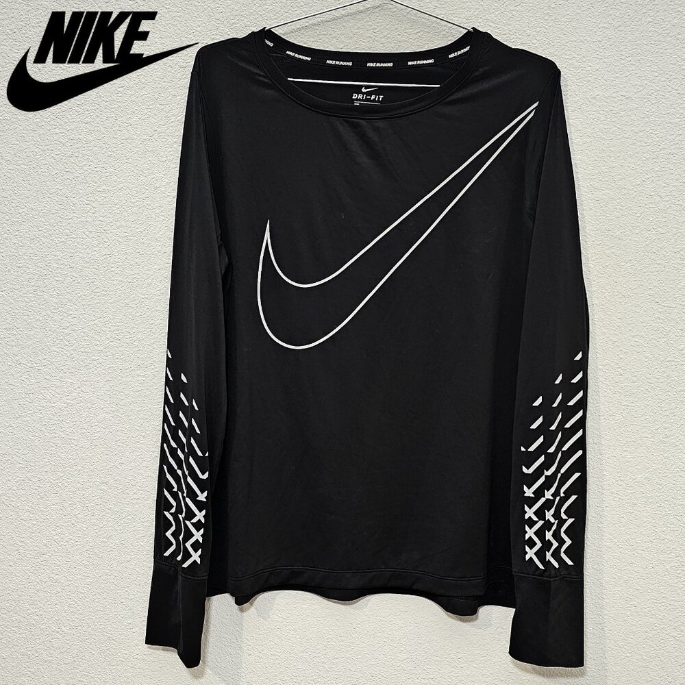 NIKE Black Reflective Dri-Fit Long Sleeve Sport Running City Shirt Top Layer XL